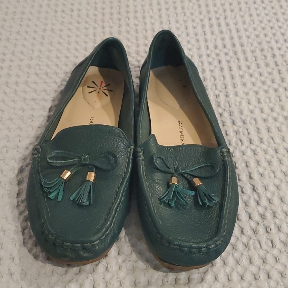Isaac Mizrahi Live Green Leather Amy Size  7 1/2 Slip On Loafers Shoes (…